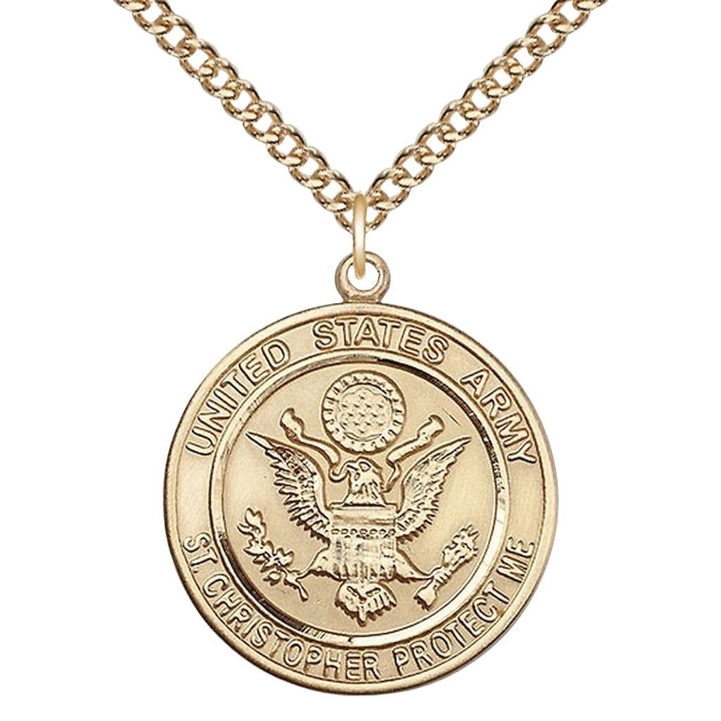 Bliss Army St. Christopher 14kt Gold-filled Round Military Medal with Gold-filled Chain, Measures 1-inch tall by 7/8-inch wide.