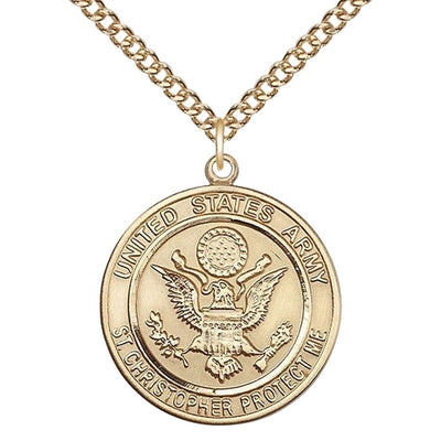 Army St. Christopher 14kt Gold-filled Round Military Medal with Gold-filled Chain, Measures 1-inch tall by 7/8-inch wide, Bliss Manufacturing