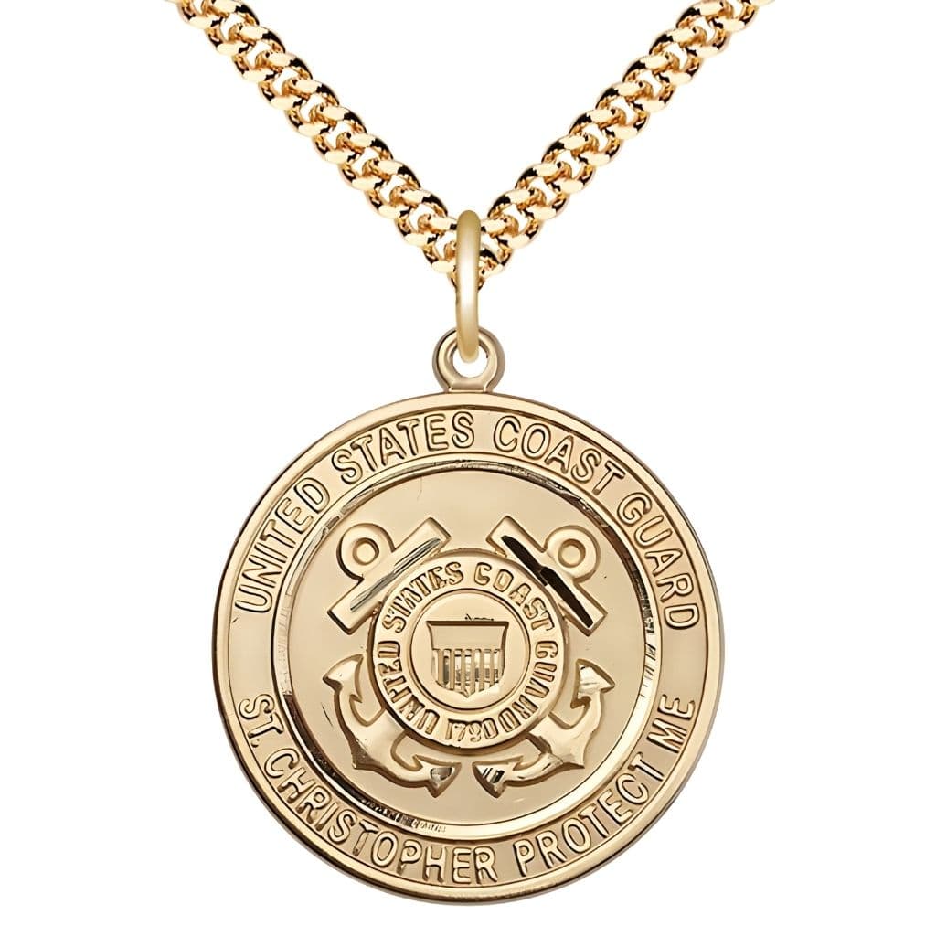 Bliss Coast Guard St. Christopher 14kt Gold-filled Round Military Medal with Gold-plated Chain, Measures 1-inch tall by 7/8-inch wide.