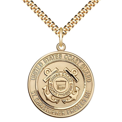 Coast Guard St. Christopher 14kt Gold-filled Round Military Medal with Gold-plated Chain, Measures 1-inch tall by 7/8-inch wide, Bliss Manufacturing
