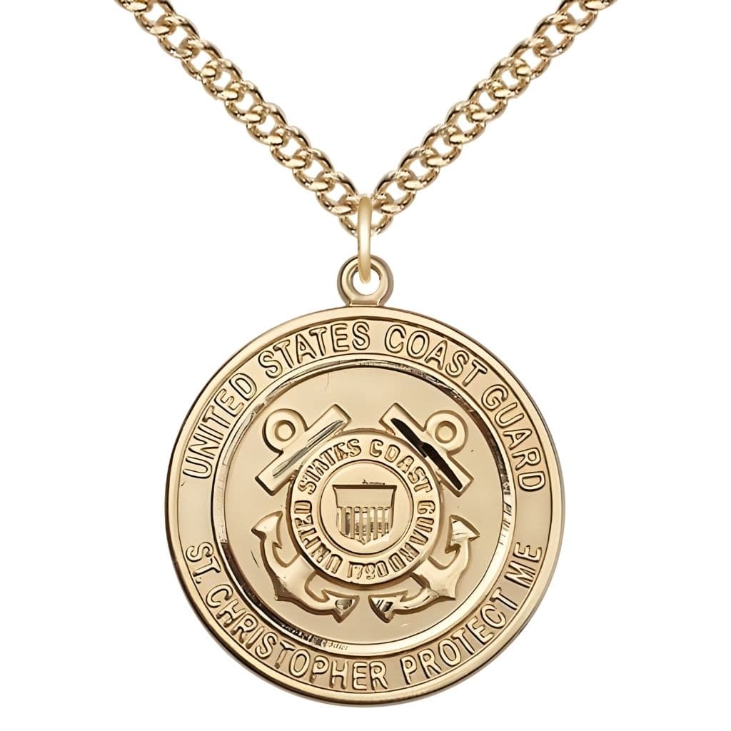 Bliss Coast Guard St. Christopher 14kt Gold-filled Round Military Medal with Gold-filled Chain, Measures 1-inch tall by 7/8-inch wide.