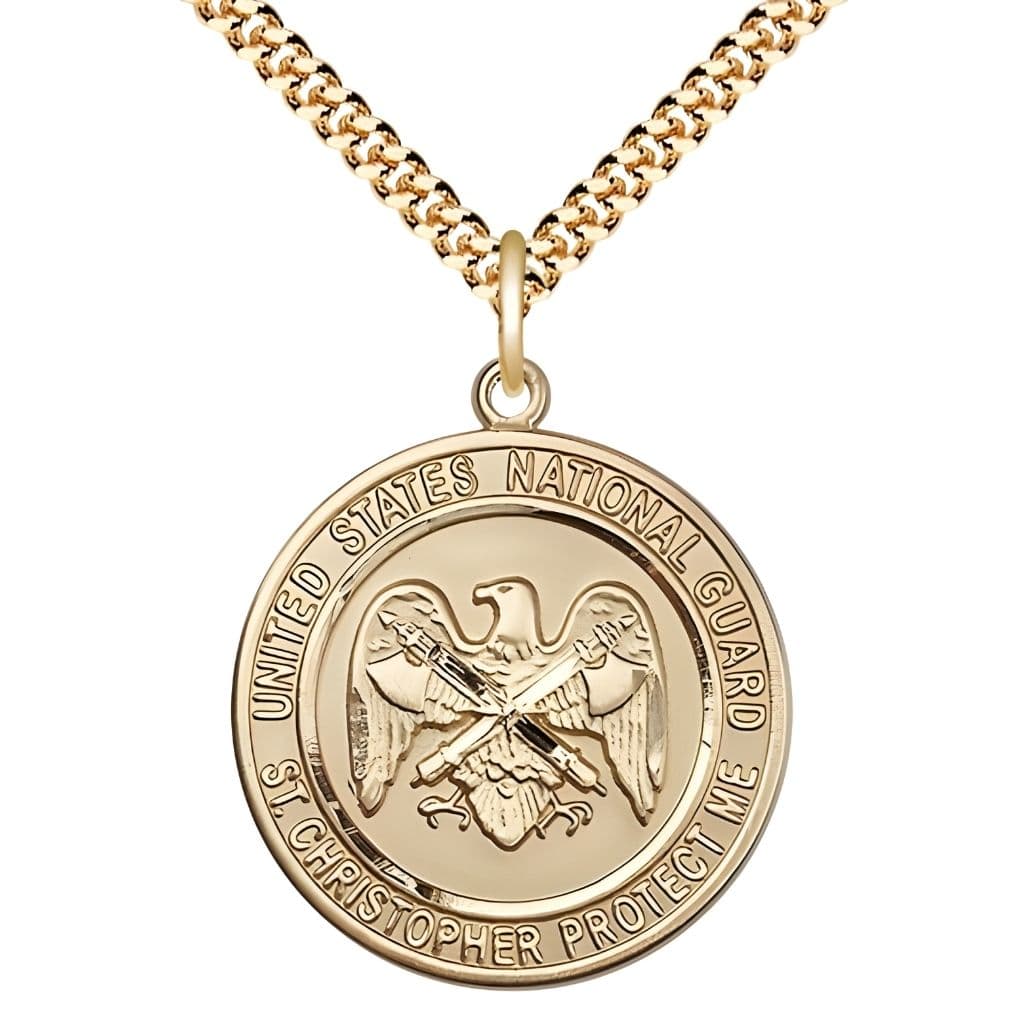 Bliss National Guard St. Christopher 14kt Gold-filled Round Military Medal with Gold-plated Chain, Measures 1-inch tall by 7/8-inch wide.