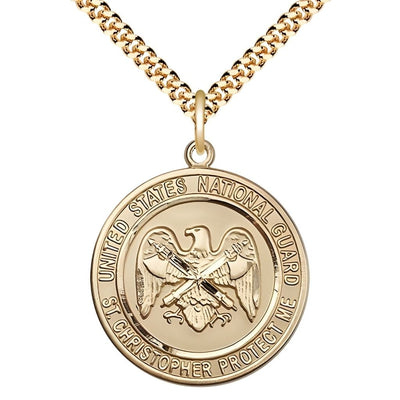 National Guard St. Christopher 14kt Gold-filled Round Military Medal with Gold-plated Chain, Measures 1-inch tall by 7/8-inch wide, Bliss Manufacturing