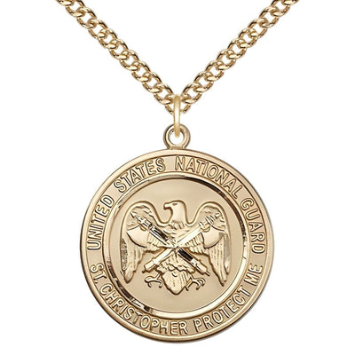 National Guard St. Christopher 14kt Gold-filled Round Military Medal with Gold-filled Chain, Measures 1-inch tall by 7/8-inch wide, Bliss Manufacturing