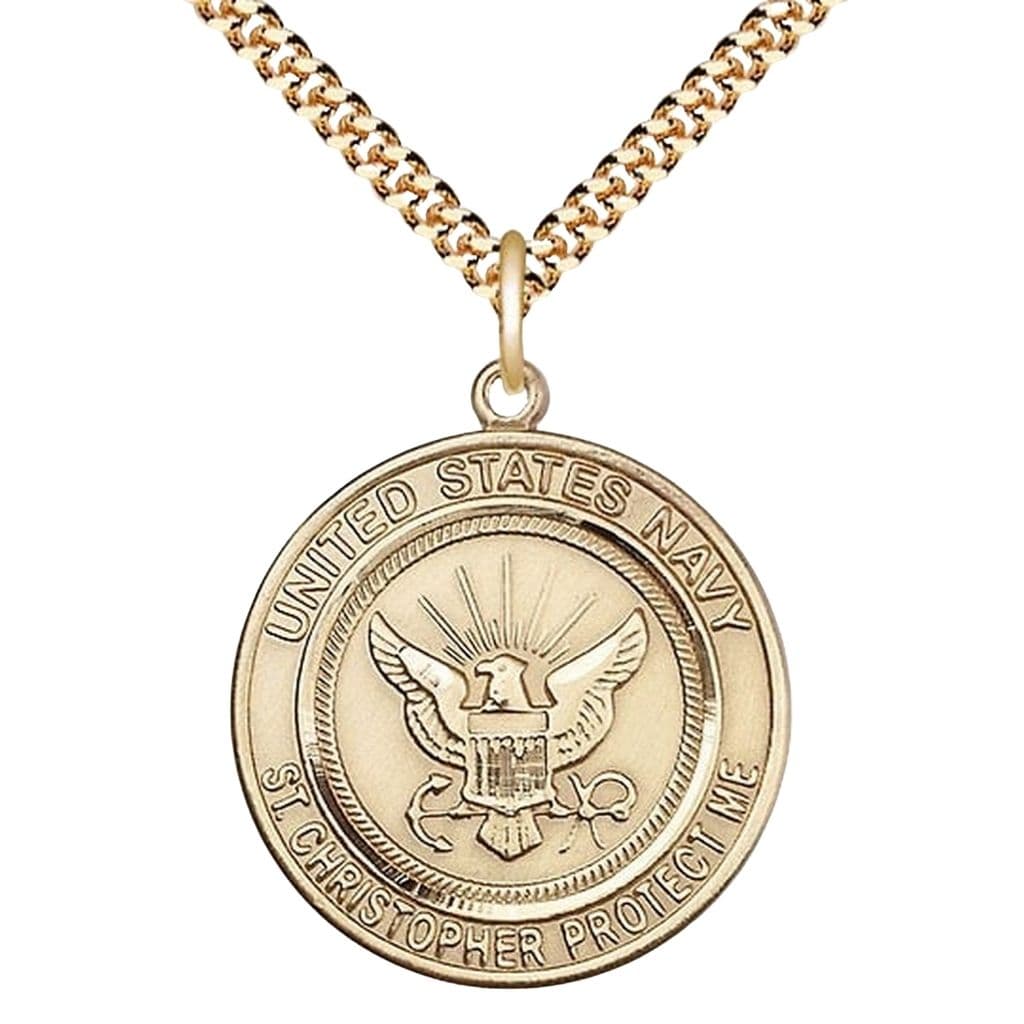 Bliss Navy St. Christopher 14kt Gold-filled Round Military Medal with Gold-plated Chain, Measures 1-inch tall by 7/8-inch wide.