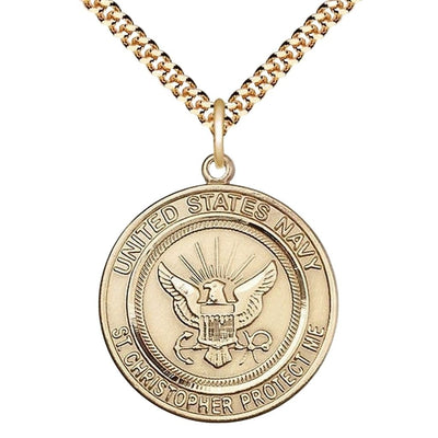 Navy St. Christopher 14kt Gold-filled Round Military Medal with Gold-plated Chain, Measures 1-inch tall by 7/8-inch wide, Bliss Manufacturing