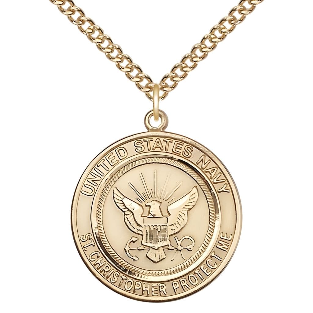 Bliss Navy St. Christopher 14kt Gold-filled Round Military Medal with Gold-filled Chain, Measures 1-inch tall by 7/8-inch wide.