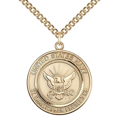 Navy St. Christopher 14kt Gold-filled Round Military Medal with Gold-filled Chain, Measures 1-inch tall by 7/8-inch wide, Bliss Manufacturing