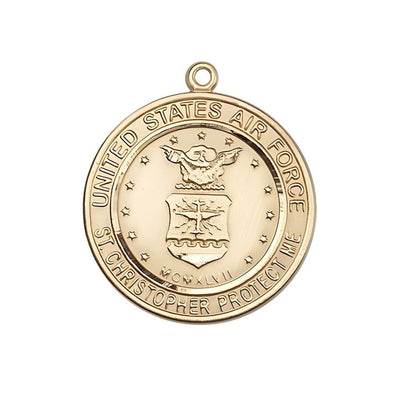 Air Force St. Christopher 14kt Gold Round Military Medal, Measures 1-inch tall by 7/8-inch wide, Bliss Manufacturing