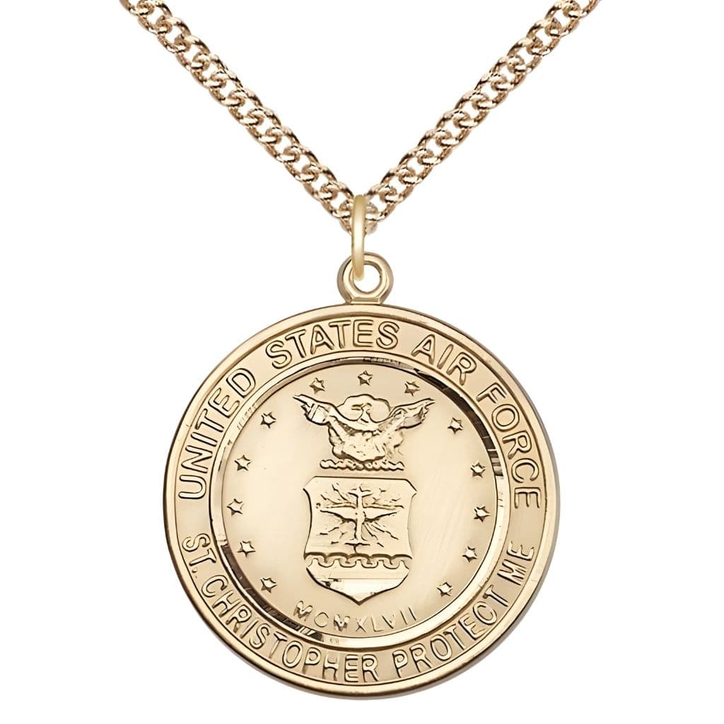 Bliss Air Force St. Christopher 14kt Gold Round Military Medal with 14kt Gold Chain, Measures 1-inch tall by 7/8-inch wide.