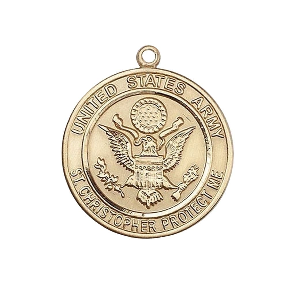 Bliss Army St. Christopher 14kt Gold Round Military Medal, Measures 1-inch tall by 7/8-inch wide.
