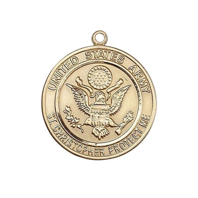 Army St. Christopher 14kt Gold Round Military Medal, Measures 1-inch tall by 7/8-inch wide, Bliss Manufacturing