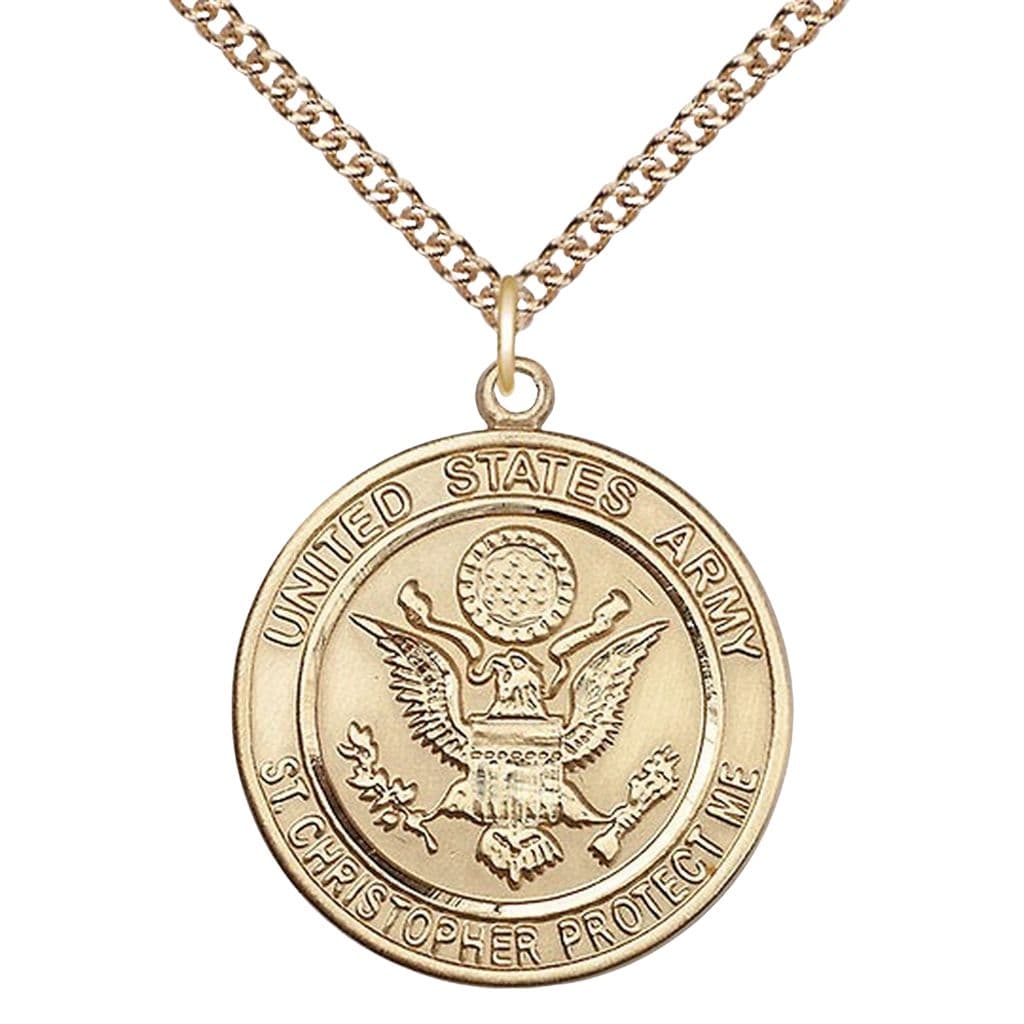 Bliss Army St. Christopher 14kt Gold Round Military Medal with 14kt Gold Chain, Measures 1-inch tall by 7/8-inch wide.