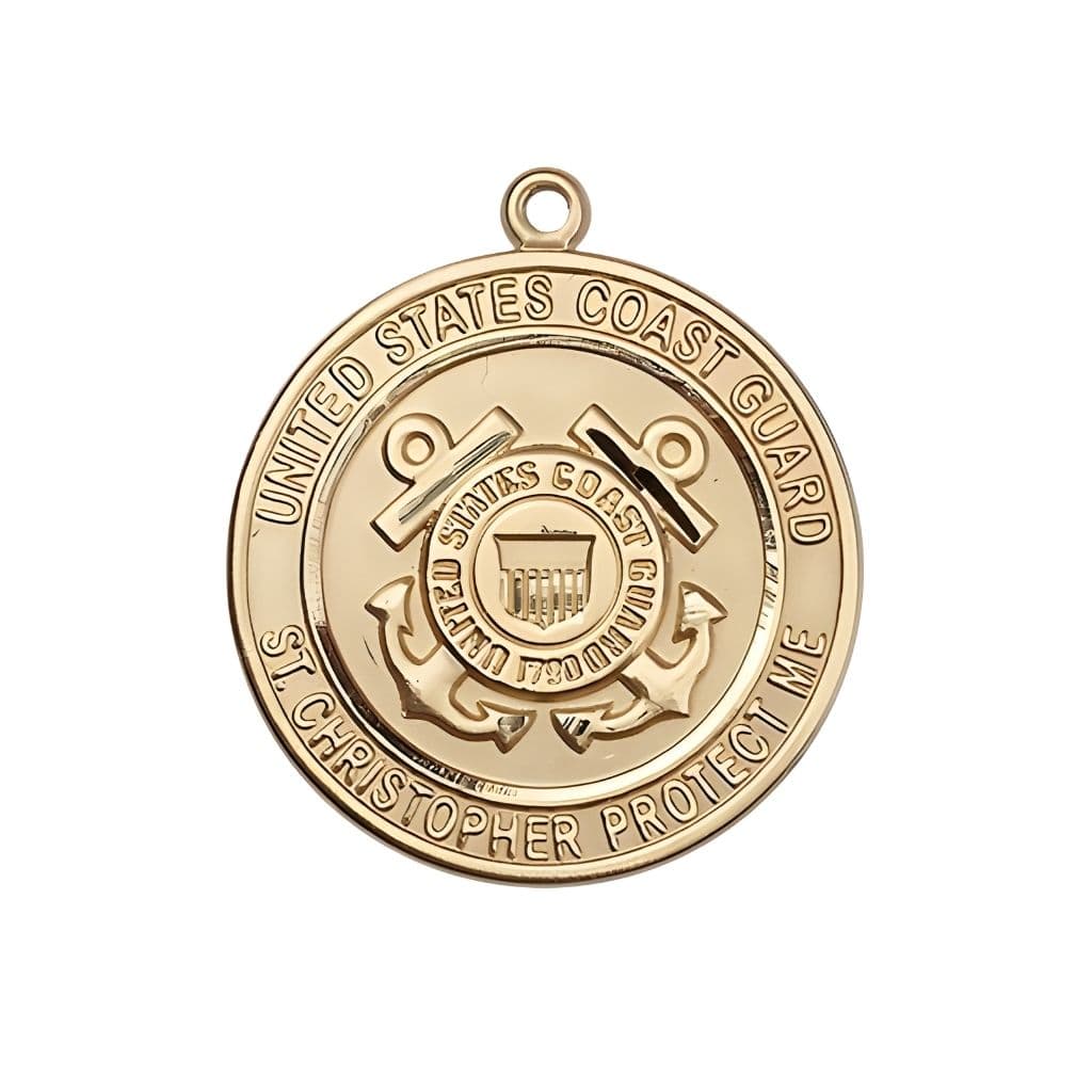 Bliss Coast Guard St. Christopher 14kt Gold Round Military Medal, Measures 1-inch tall by 7/8-inch wide.