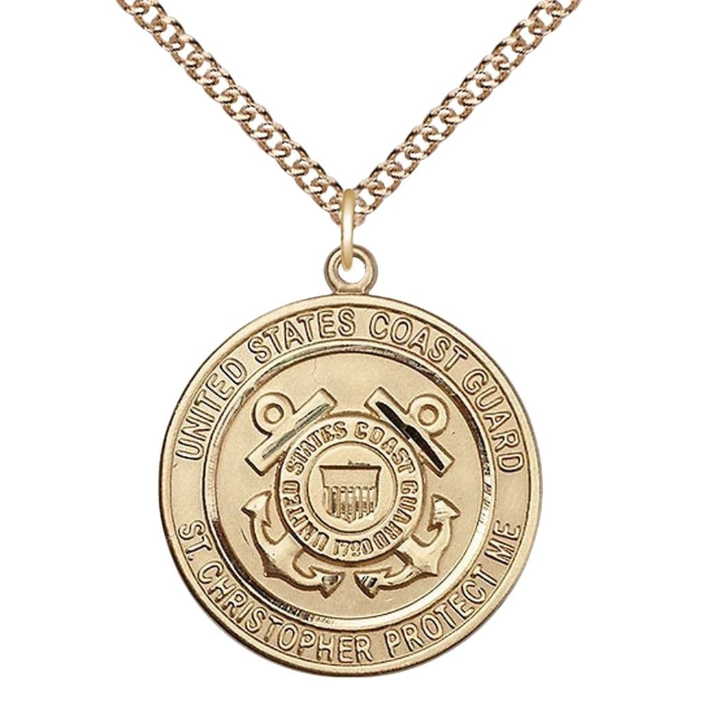 Bliss Coast Guard St. Christopher 14kt Gold Round Military Medal with 14kt Gold Chain, Measures 1-inch tall by 7/8-inch wide.