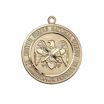 National Guard St. Christopher 14kt Gold Round Military Medal, Measures 1-inch tall by 7/8-inch wide, Bliss Manufacturing