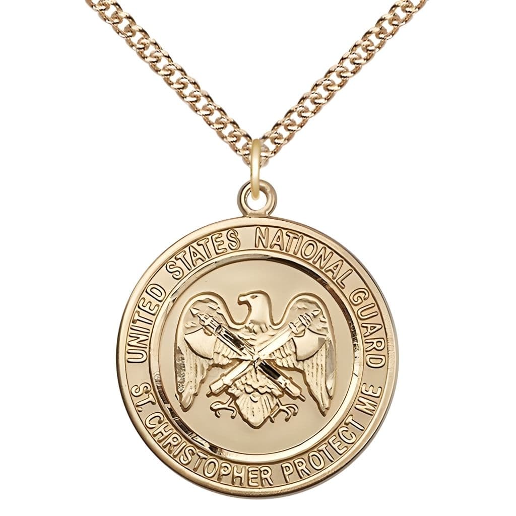Bliss National Guard St. Christopher 14kt Gold Round Military Medal with 14kt Gold Chain, Measures 1-inch tall by 7/8-inch wide.