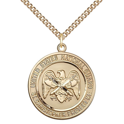 National Guard St. Christopher 14kt Gold Round Military Medal with 14kt Gold Chain, Measures 1-inch tall by 7/8-inch wide, Bliss Manufacturing