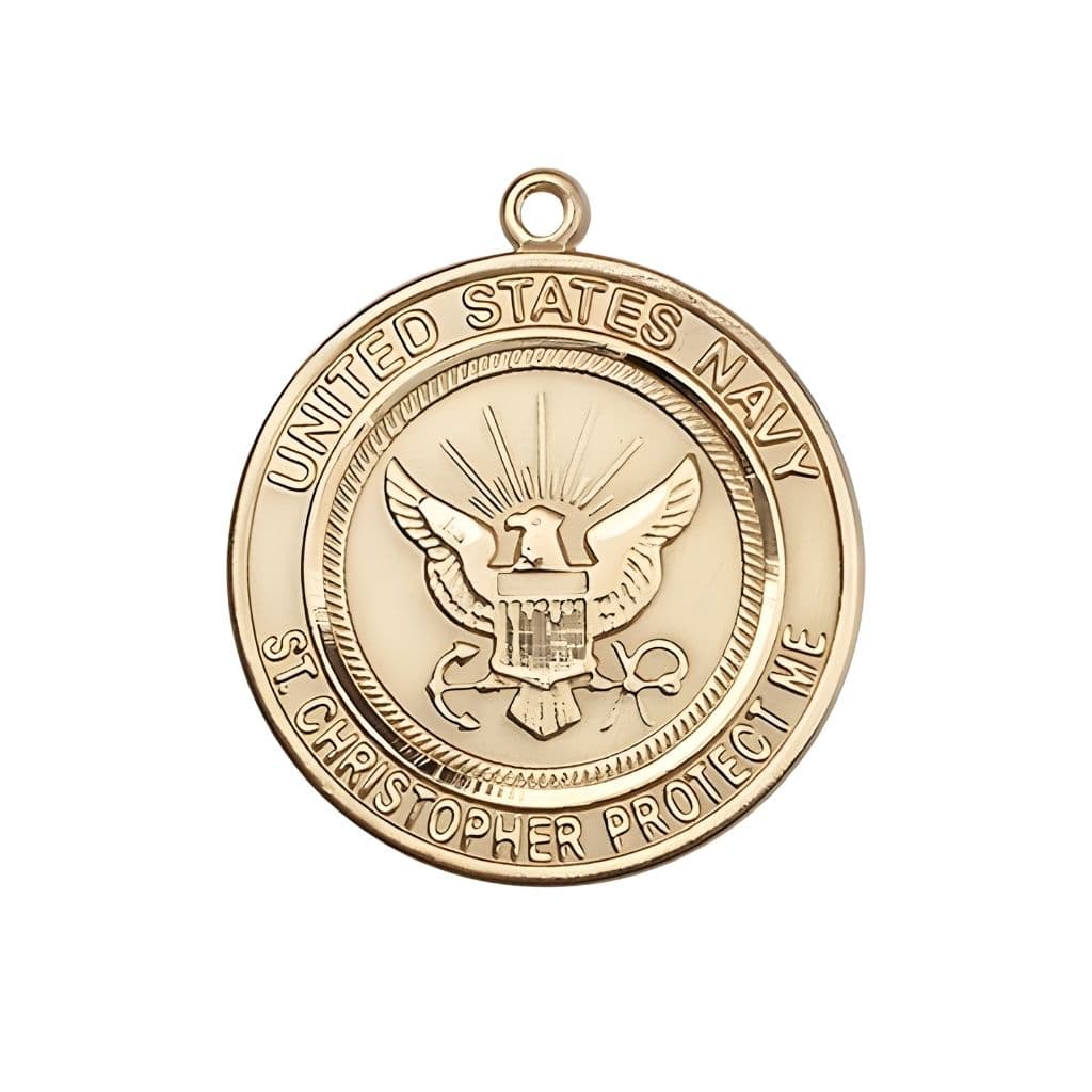 Bliss Navy St. Christopher 14kt Gold Round Military Medal, Measures 1-inch tall by 7/8-inch wide.