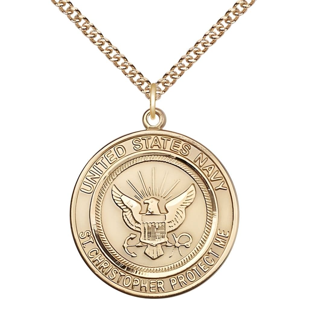 Bliss Navy St. Christopher 14kt Gold Round Military Medal with 14kt Gold Chain, Measures 1-inch tall by 7/8-inch wide.