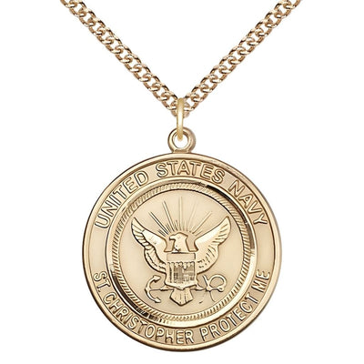 Navy St. Christopher 14kt Gold Round Military Medal with 14kt Gold Chain, Measures 1-inch tall by 7/8-inch wide, Bliss Manufacturing