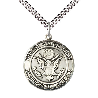 Army St. Christopher Pewter Round Military Medal with Rhodium-plated Chain, Measures 1-inch tall by 7/8-inch wide, Bliss Manufacturing
