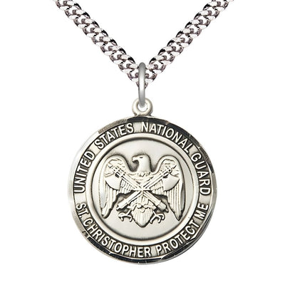 National Guard St. Christopher Pewter Round Military Medal with Rhodium-plated Chain, Measures 1-inch tall by 7/8-inch wide, Bliss Manufacturing