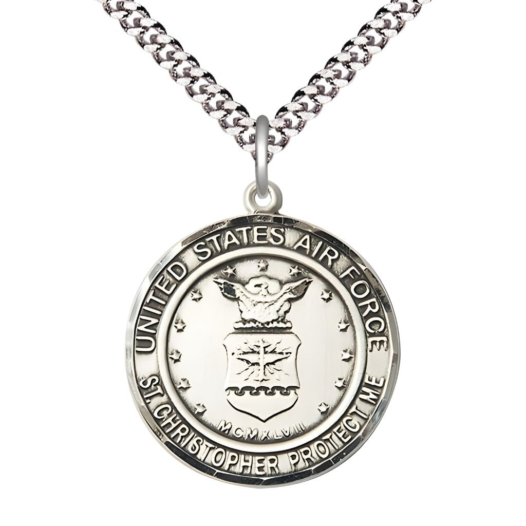 Bliss Air Force St. Christopher Sterling Silver Round Military Medal with Plated Chain, Measures 1-inch tall by 7/8-inch wide.