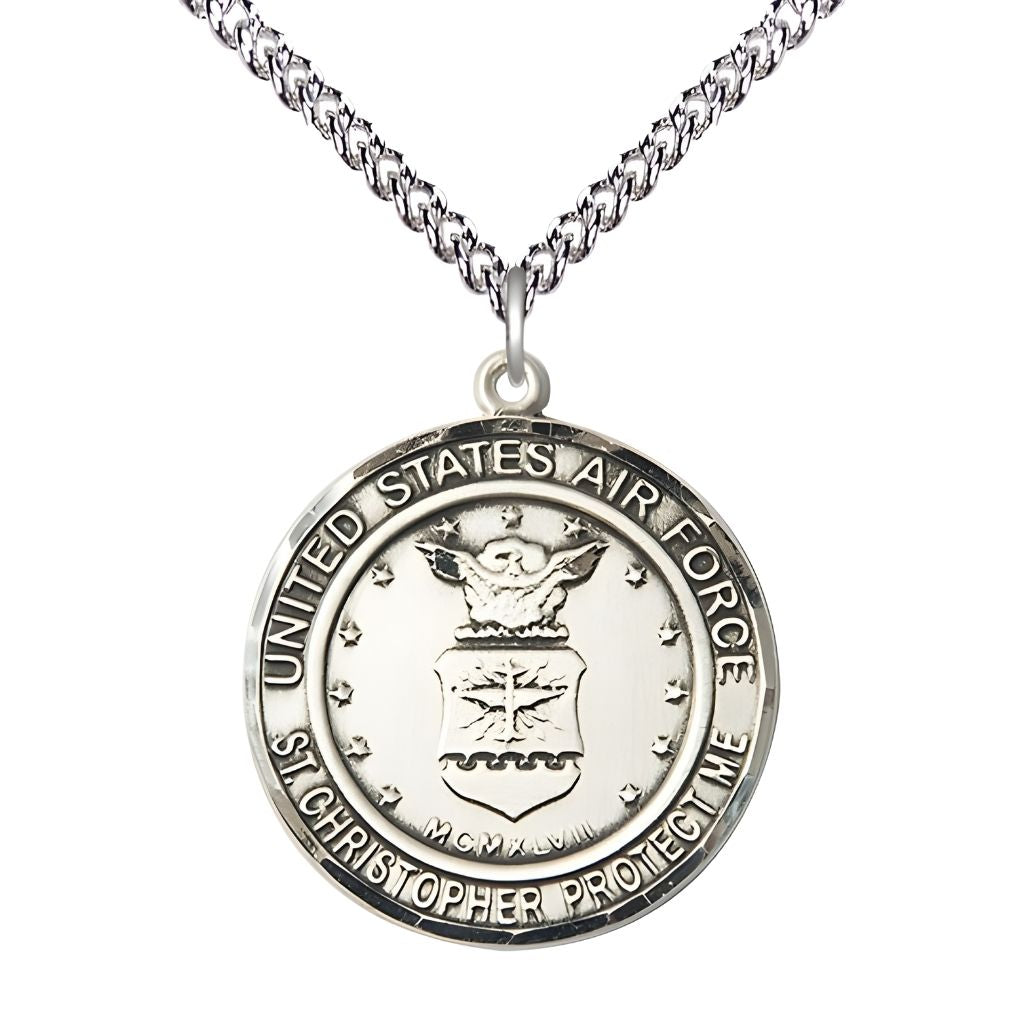 Bliss Air Force St. Christopher Sterling Silver Round Military Medal with Sterling Silver Chain, Measures 1-inch tall by 7/8-inch wide.