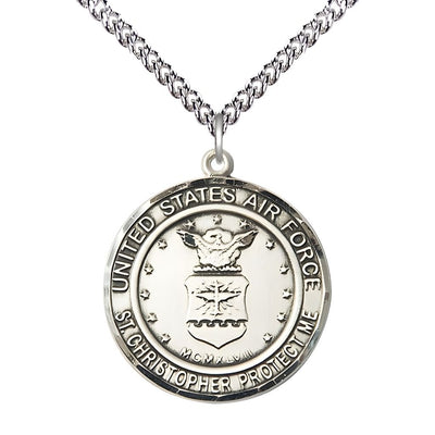 Air Force St. Christopher Sterling Silver Round Military Medal with Sterling Silver Chain, Measures 1-inch tall by 7/8-inch wide, Bliss Manufacturing