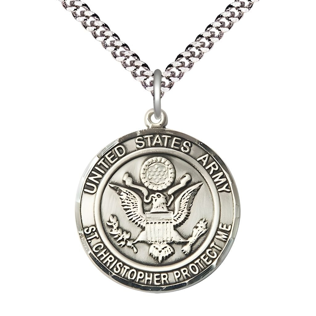 Bliss Army St. Christopher Sterling Silver Round Military Medal with Plated Chain, Measures 1-inch tall by 7/8-inch wide.