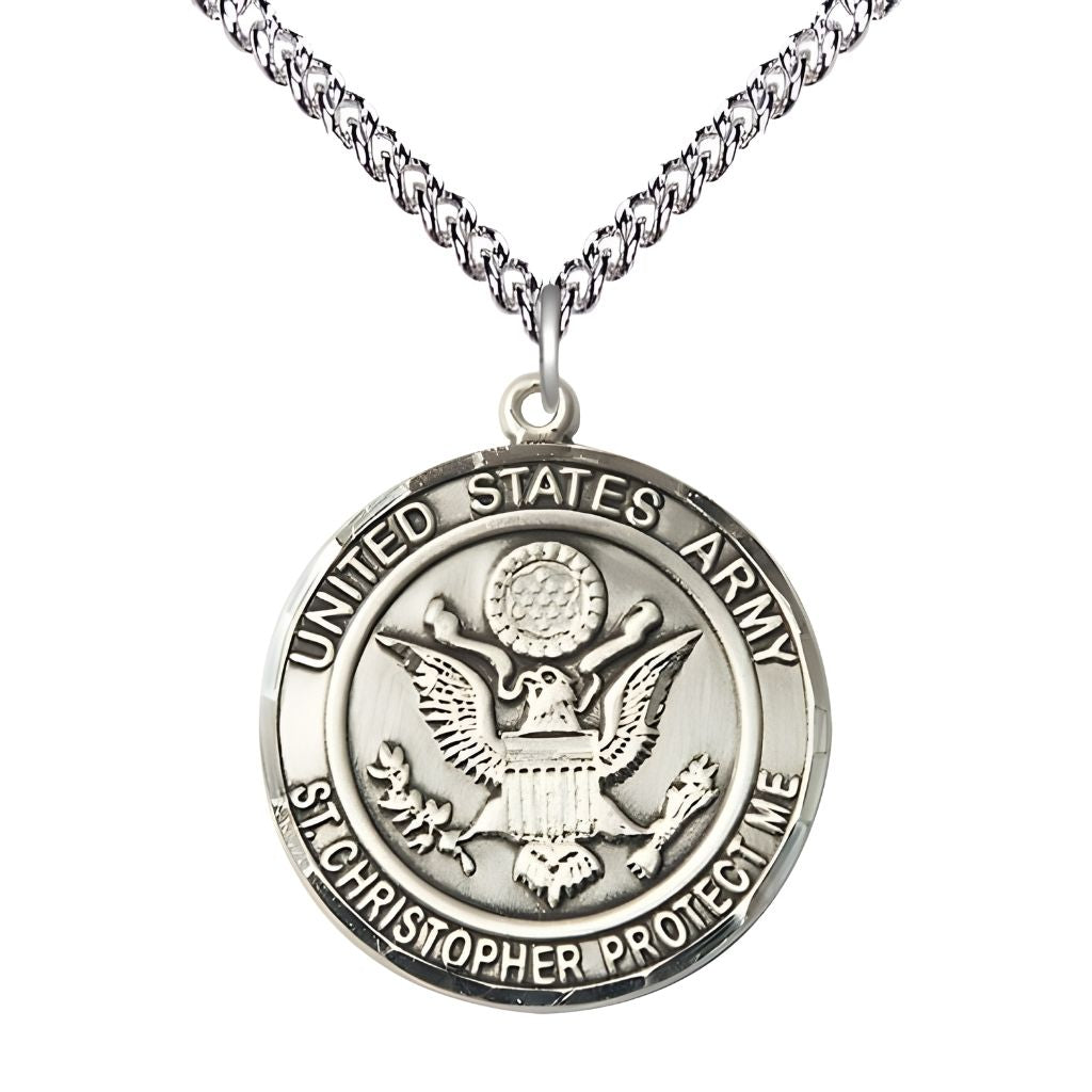 Bliss Army St. Christopher Sterling Silver Round Military Medal with Sterling Silver Chain, Measures 1-inch tall by 7/8-inch wide.