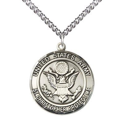 Army St. Christopher Sterling Silver Round Military Medal with Sterling Silver Chain, Measures 1-inch tall by 7/8-inch wide, Bliss Manufacturing