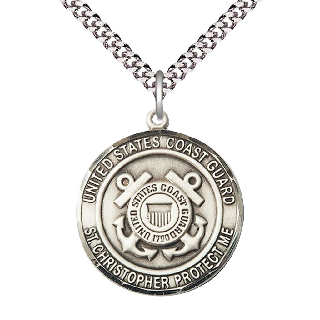 Bliss Coast Guard St. Christopher Sterling Silver Round Military Medal with Plated Chain, Measures 1-inch tall by 7/8-inch wide.