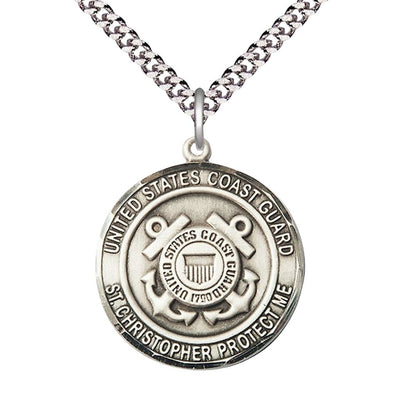 Coast Guard St. Christopher Sterling Silver Round Military Medal with Plated Chain, Measures 1-inch tall by 7/8-inch wide, Bliss Manufacturing
