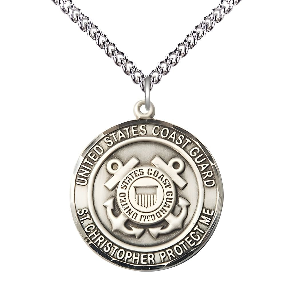 Bliss Coast Guard St. Christopher Sterling Silver Round Military Medal with Sterling Silver Chain, Measures 1-inch tall by 7/8-inch wide.