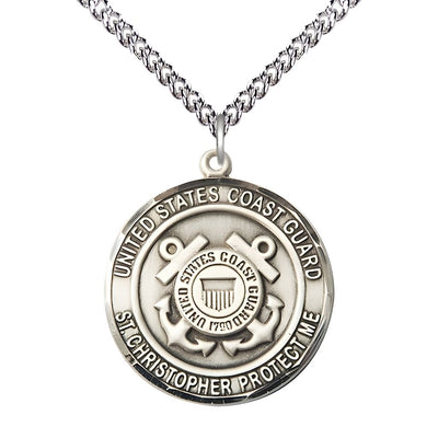 Coast Guard St. Christopher Sterling Silver Round Military Medal with Sterling Silver Chain, Measures 1-inch tall by 7/8-inch wide, Bliss Manufacturing