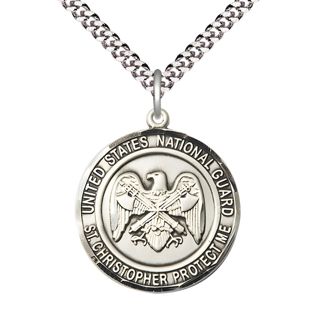Bliss National Guard St. Christopher Sterling Silver Round Military Medal with Plated Chain, Measures 1-inch tall by 7/8-inch wide.