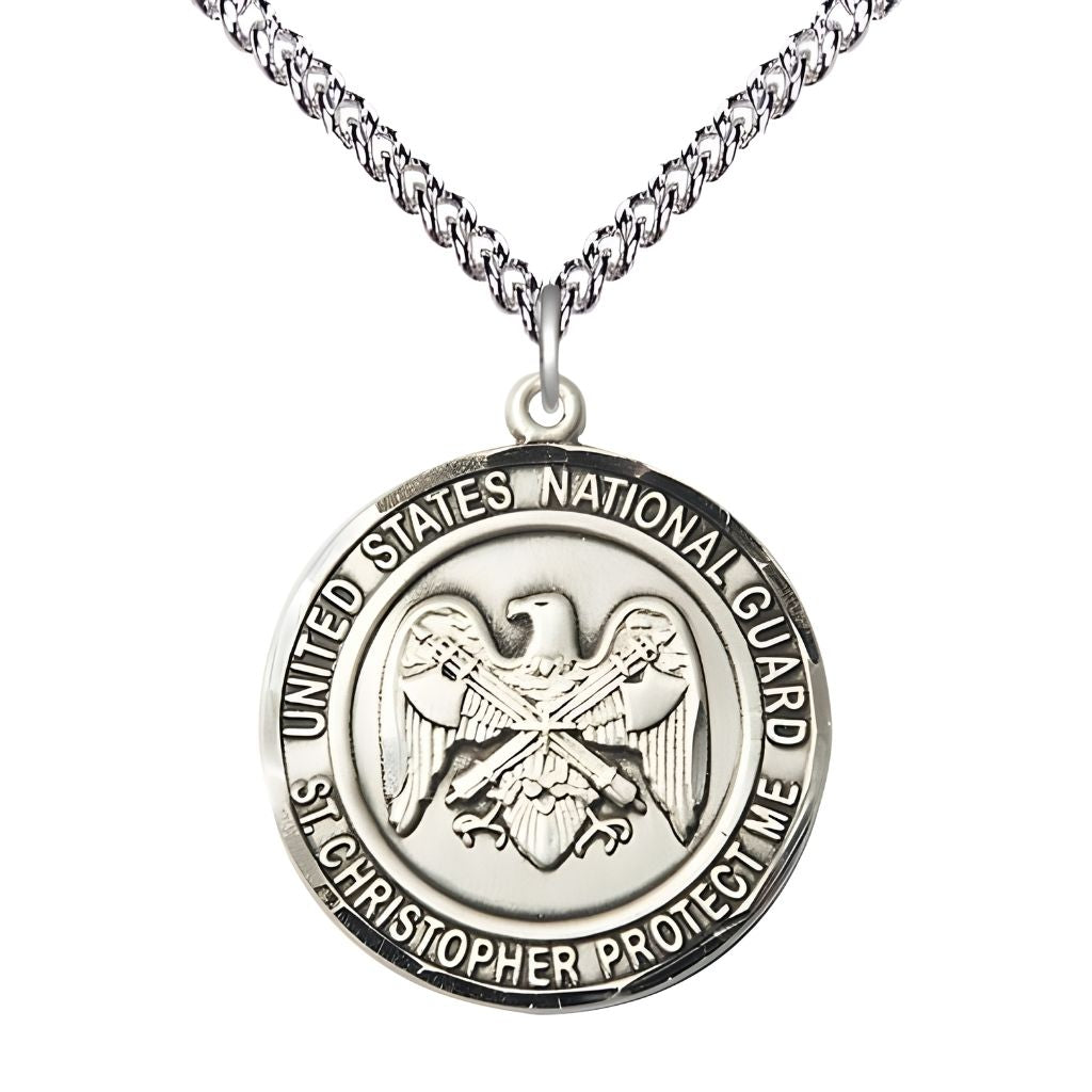 Bliss National Guard St. Christopher Sterling Silver Round Military Medal with Sterling Silver Chain, Measures 1-inch tall by 7/8-inch wide.