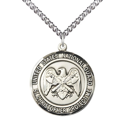 National Guard St. Christopher Sterling Silver Round Military Medal with Sterling Silver Chain, Measures 1-inch tall by 7/8-inch wide, Bliss Manufacturing