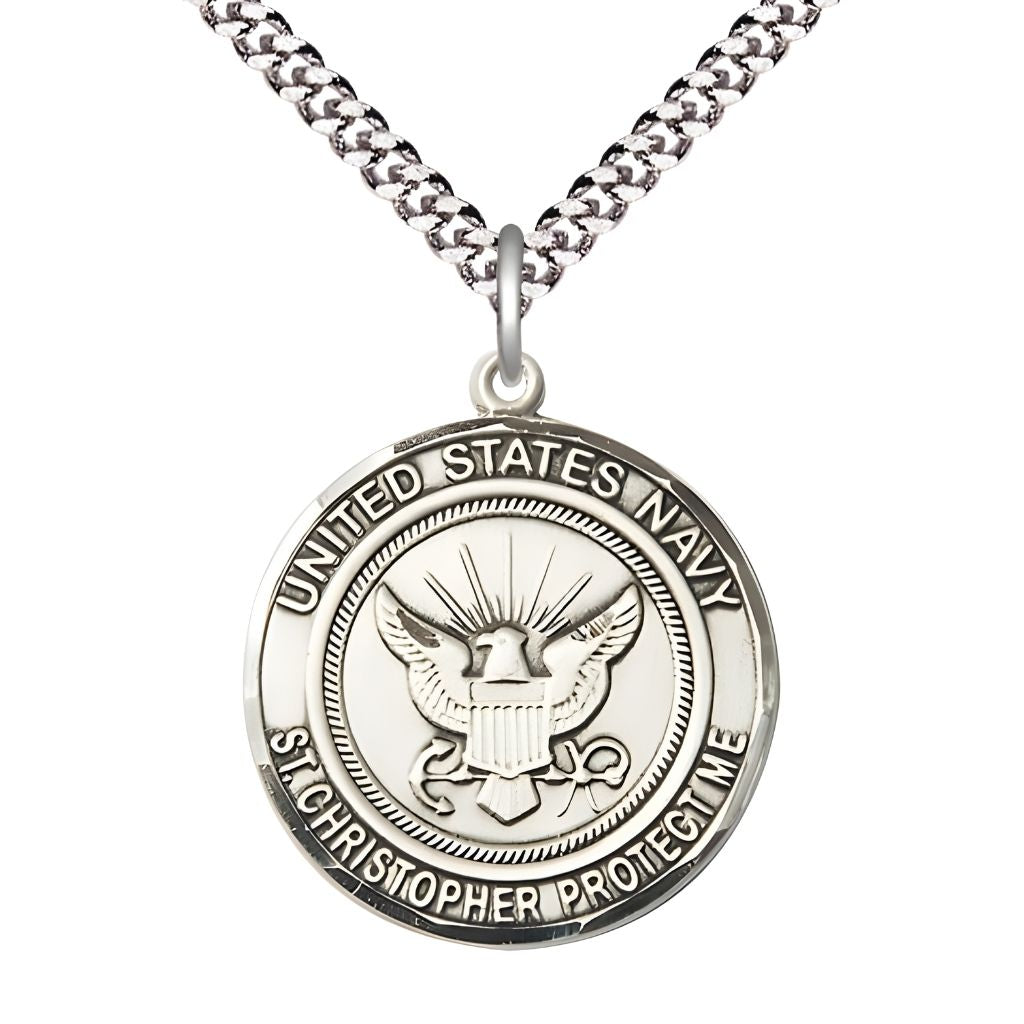 Bliss Navy St. Christopher Sterling Silver Round Military Medal with Plated Chain, Measures 1-inch tall by 7/8-inch wide.