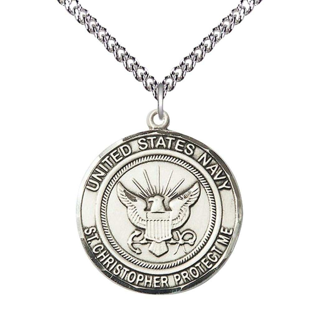 Bliss Navy St. Christopher Sterling Silver Round Military Medal with Sterling Silver Chain, Measures 1-inch tall by 7/8-inch wide.