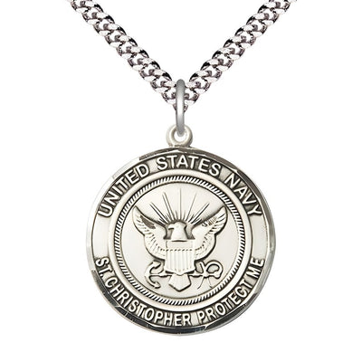 Navy St. Christopher Pewter Round Military Medal with Rhodium-plated Chain, Measures 1-inch tall by 7/8-inch wide, Bliss Manufacturing