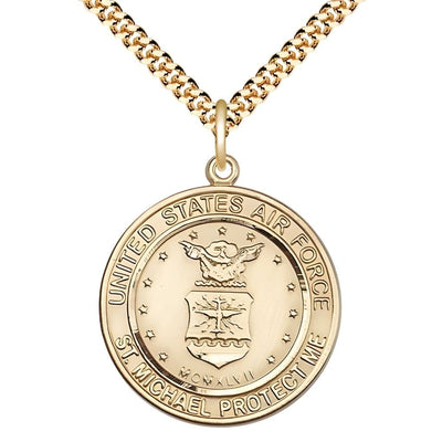 Air Force Military St. Michael the Archangel 14kt Gold-filled Round Medal with Gold-Plated Chain, Measures 1-inch tall by 7/8-inch wide, Bliss Manufacturing