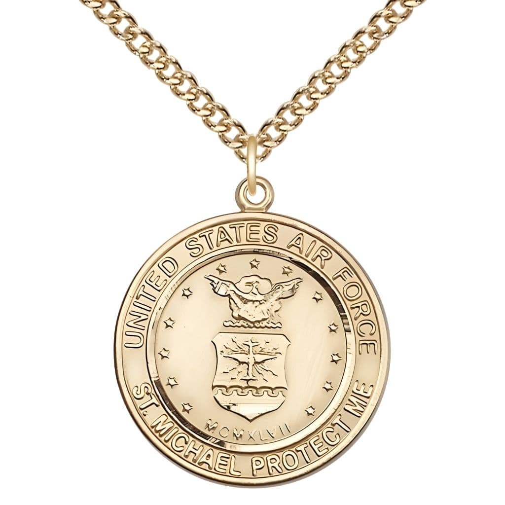 Air Force Military St. Michael the Archangel 14kt Gold-filled Round Medal with Gold-filled Chain, Bliss USA, Measures 1-inch tall by 7/8-inch wide