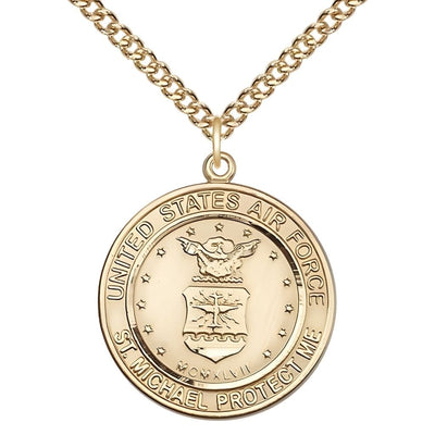 Air Force Military St. Michael the Archangel 14kt Gold-filled Round Medal with Gold-filled Chain, Measures 1-inch tall by 7/8-inch wide, Bliss Manufacturing