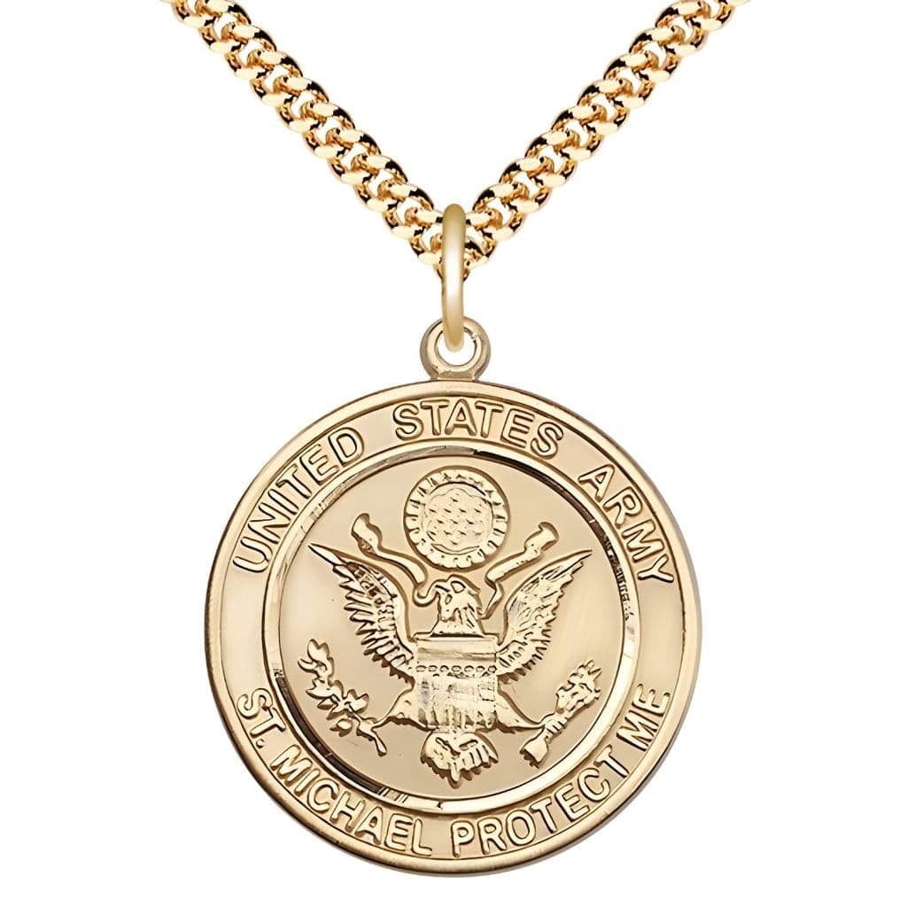 Army Military St. Michael the Archangel 14kt Gold-filled Round Medal with Gold-Plated Chain, Bliss USA, Measures 1-inch tall by 7/8-inch wide
