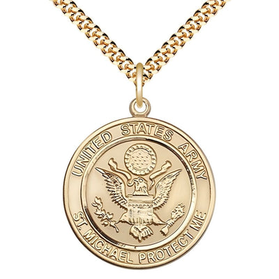 Army Military St. Michael the Archangel 14kt Gold-filled Round Medal with Gold-Plated Chain, Measures 1-inch tall by 7/8-inch wide, Bliss Manufacturing