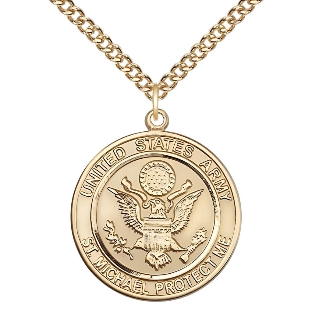 Army Military St. Michael the Archangel 14kt Gold-filled Round Medal with Gold-Filled Chain, Bliss USA, Measures 1-inch tall by 7/8-inch wide