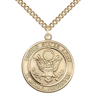 Army Military St. Michael the Archangel 14kt Gold-filled Round Medal with Gold-Filled Chain, Measures 1-inch tall by 7/8-inch wide, Bliss Manufacturing